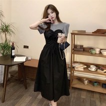 빅사이즈 여성복 퍼프 소매 티셔츠 패치 셔링 원피스 캐주얼 A라인 미디 스커트