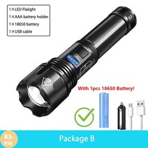 고휘도손전등 초강력led손전등 높은 전력 4 코어 xhp50 슈퍼 밝은 usb 줌 rechargable 랜턴 캠핑, 패키지 b, 검은색, 리튬 이온