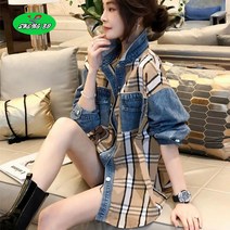 SHENGBO여성 패치 체크 데님 셔츠 원피스 루즈핏 봄가을 긴팔 아우터 남방