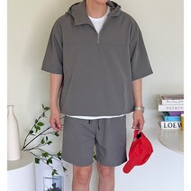 더유니크제이 여름 반팔 아노락 바람막이 세트 남자 아노락 반집업 후드 반팔+밴딩 반바지 트레이닝 세트 5컬러