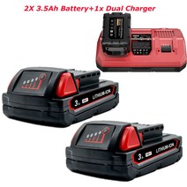 밀워키 M18용 배터리/충전기 3500mAh 전동 공구 배터리 2개 48-11-1860 미국, 2x 3.5Ah 배터리 + 1x 듀얼 충전