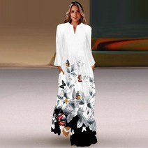 원피스 가을 파티 행사 하객 여성용 긴팔 넥 롱 드레스 우아한 비치 홀리데이 캐주얼 프린트