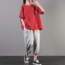 꽃소담 여성 상하복 순면 반팔 티셔츠 배기 청바지 투피스 QQA1069