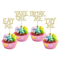 Gyufise 24피스 Eat Me 컵케이크 토퍼 글리터 Try Me Take One 이상한 나라의 앨리스 컵케이크 피크 장식 동화 속 원더랜드 테마 베이비 샤워 어린이 남아 여아, C Gold
