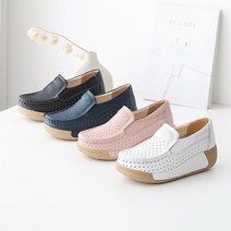 키높이 여성 가죽 펀칭 스티치 굽5cm 단화 슬립온 슈즈