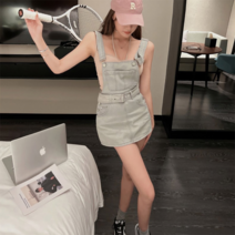코지 여자 벨티드 포켓 데님 멜빵 귀여운 미니원피스