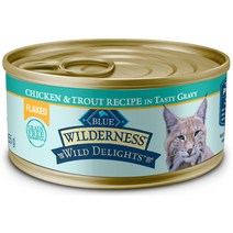 Blue Buffalo Wilderness Wild Delights 플레이크 치킨 송어 그레인 프리 고양이 사료 통조림, 3-oz case of 24