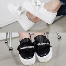 런슈즈 (국내생산) 프릴 보석 큐빅 키높이 슬립온 운동화 굽 4cm