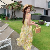 설온 여성 화사한 플라워 패턴 캉캉 끈 나시 롱 원피스 로플