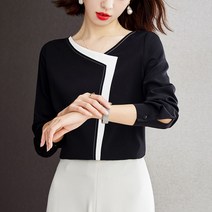 스타일아유 여성 단아한코디 배색 블라우스 브이넥 셔츠 데이트룩 오피스룩