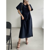 코튼 라운드 베이직 a라인 롤업 반팔 루즈핏 빅사이즈 롱원피스 (3color)