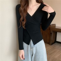 넷투넷코리아 여성 V넥 긴팔 슬림핏 데일리 무지 기본 니트티