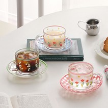 cocooning 레트로 빈티지 Flower 투명 찻잔 커피잔, 튤립블루