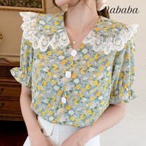 나바바 NB458 빅카라 레이스 브이넥 플라워 블라우스