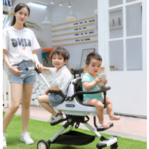 아기 트롤리 쌍둥이 유모차 절출형 접이식 휴대용, 흰색가죽시트 팔걸이 원버튼폴딩 파란색 파라솔