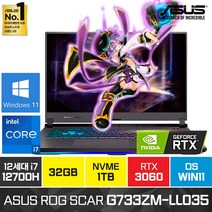 ASUS ROG SCAR G733ZM-LL035 12세대 i7-12700H RTX3060 윈도우11, 블랙, G733ZM, 코어i7, 1TB, 32GB, WIN11 Pro