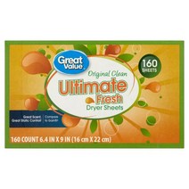 그레이트밸류 얼티메이트 프레쉬 건조기시트 160장 Great Value Ultimate Fresh Dryer Sheets Original Clean, 1팩