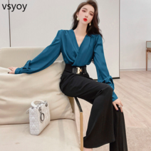 vsyoy 컬러 블록 원피스 봄 2023 새로운 여성 허리 넓은 다리 마이크로 혼 점프 수트 점프 수트