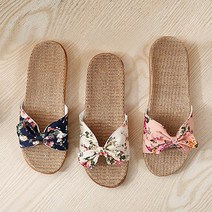[복야생활]왕리본 꽃무늬 실내화 거실화 왕골 린넨 여름 슬리퍼, 핑크 꽃무늬