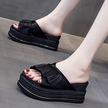 Makone 통굽슬리퍼 리본 슬리퍼 여성여름 웨지힐 통굽 유행치마 외부착용 일자슬리퍼 키높이 미끄럼방지 비치 슬리퍼샌들