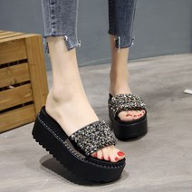 SHENGBO여 여름 큐빅 비즈 일자 슬리퍼 송편 통굽 슬리퍼