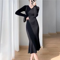 라엔 브이넥 슬림핏 머메이드 플레어 골지니트롱원피스