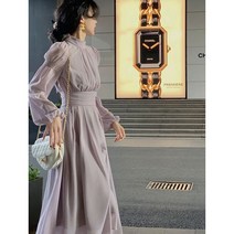 고퀄리티 럭셔리 여성 봄 쉬폰 셔링 프릴 원피스 하이넥 프렌치 허리 슬림 고급 드레스