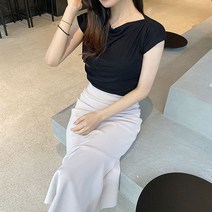 레이온 입술넥 드레이프 오프숄더 셔링 블라우스 캡 티셔츠 4colors