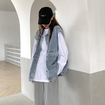 플라워 후드 캐주얼 브이넥 봄 배색 점퍼 간절기 데님 베스트 자켓 청 조끼 패턴 40대