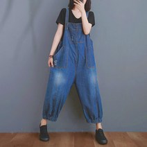 BIKASU 여성 오버핏 데님 멜빵 바지 여행룩 빅사이즈 점프수트 키작녀 청바지