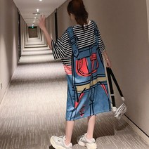 귀여운 멜빵 프린팅 여성 빅사이즈 오버핏 홈웨어 롱 티셔츠 원피스