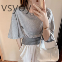 vsyoy 퓨어 코튼 반팔 쇼트 티셔츠 여자 여름 한국 스타일 패셔너블 올매치 루즈핏 슬림핏 박쥐 슬리브 하이 웨이스트 탑 여자 트렌디