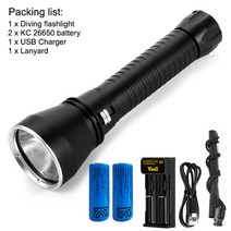 xhp70.2 가장 강력한 led 스쿠버 다이빙 손전등 수중 낚시 토치 4000lm 26650 방수 xhp70 다이브 램프 랜턴 라이트, kc 배터리 충전기, 백색광
