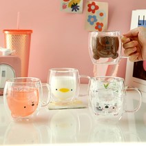 젊은이마켓 홈카페 캐릭터 내열 유리컵 커피잔 에이드잔 4type, 라미나 이중머그(스마일캣)