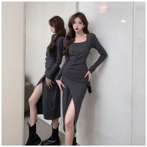 니트원피스S 롱 후드 쉬폰 여름 미니 봄QWEEK-빈티지 레트로 슬림 스퀘어 칼라 긴 소매 미디 드레스 여성