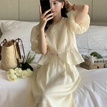 [랜덤플레이] 퍼프소매 허리 프릴 콩단추 투피스
