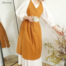 앞치마 Gerring-한국 에이프런 샵 v넥 민소매 통기성 단색 성인용 면화 정원 귀여운 여성용, Caramel_one size