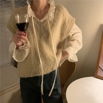 Makone V넥 오버핏 브이넥 겨울 이너 울 앙고라 러블리 데일리 데이트 니트조끼
