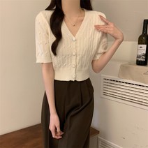 꽈배기 솔리드 브이넥 니트 반팔티 조거 날씬해 보이는 카디건 상의