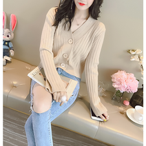 잇츠스타일 브이넥 니트 프레피룩 루즈 핏 숏 가디건