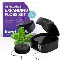 BURST 리필 가능한 치실 디스펜서 세트 주니퍼 베리 아로마 차콜 코팅 확장 얼룩 흡수 우븐 로즈 골드 케이스 32야드 USA 미국, Mint Eucalyptus Floss + Black