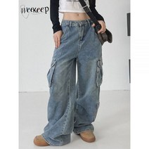화이트블루 Weekeep Y2k 로우 라이즈 배기 청바지 레트로 스트리트웨어 데님 카고 바지 루즈 캐주얼 바지 하라주쿠 포켓 패치워크 여성 오버롤