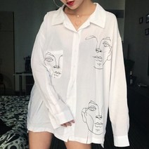 코발트 블루 셔츠 파란색 블라우스 남방 난방 상의 코튼 화이트 라인 페이스 프린트 레트로 레이디 봄 여름