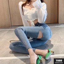 가바바 여성 찢청 뒤트임으로 여신 분위기 심플한 데일리룩 데님팬츠 G69957