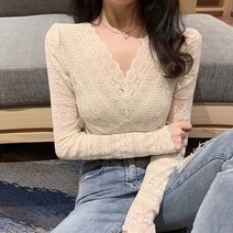 여성 브이넥 레이스 블라우스 이너 티셔츠 슬림핏 긴필티
