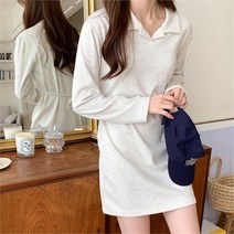 브이와이 VY 여자 롱슬리브 스트랩 민무늬 카라 미니원피스