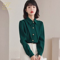봄 가을 빈티지 그린 탑 긴 소매 캐주얼 쉬폰 사무실 셔츠