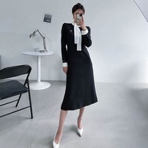 러블리감성 다영 타이 배색 롱 원피스