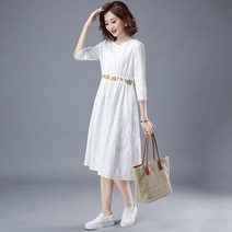 자수 원피스 면린넨 자카드 여성 봄계절 라운드넥 허리보정 슬림핏 미디롱 3884369788