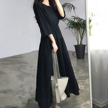 린넨 캉캉 무지 블랙 칠부 맥시 가을 원피스